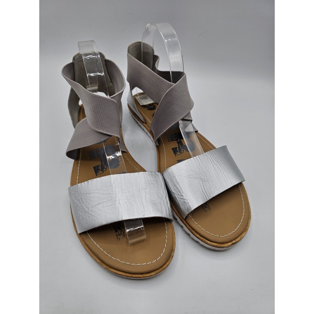 Sorel‎ Ella Sandals Womens 10M Silver Gray Leather Elastic Stretch Strappy Flat